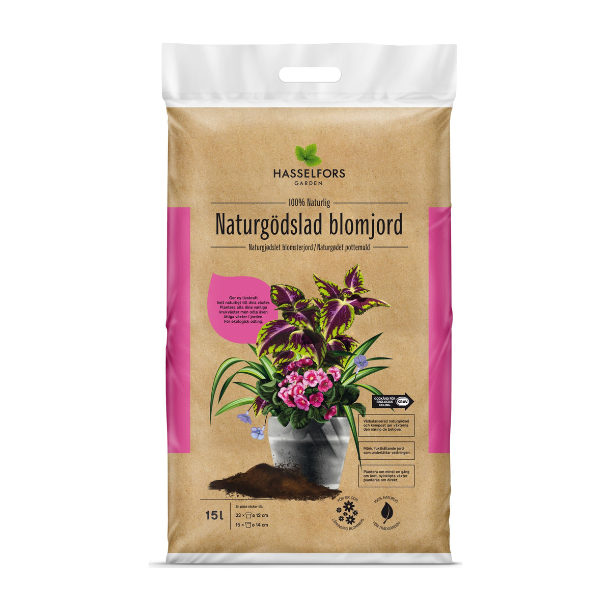Hasselfors naturgödslad blomjord 15 liter, 51st, Halvpall