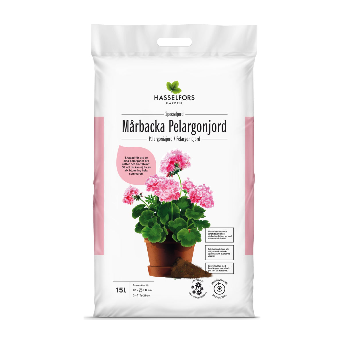 Hasselfors Mårbacka pelargonjord, 15 liter, 51st, Halvpall