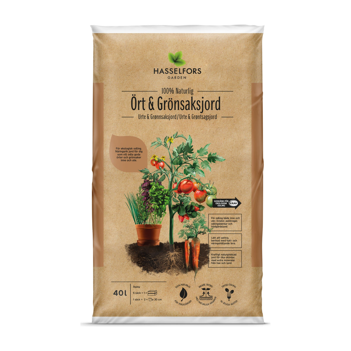 Hasselfors ört & grönsaksjord, 40 liter, 48st, Helpall