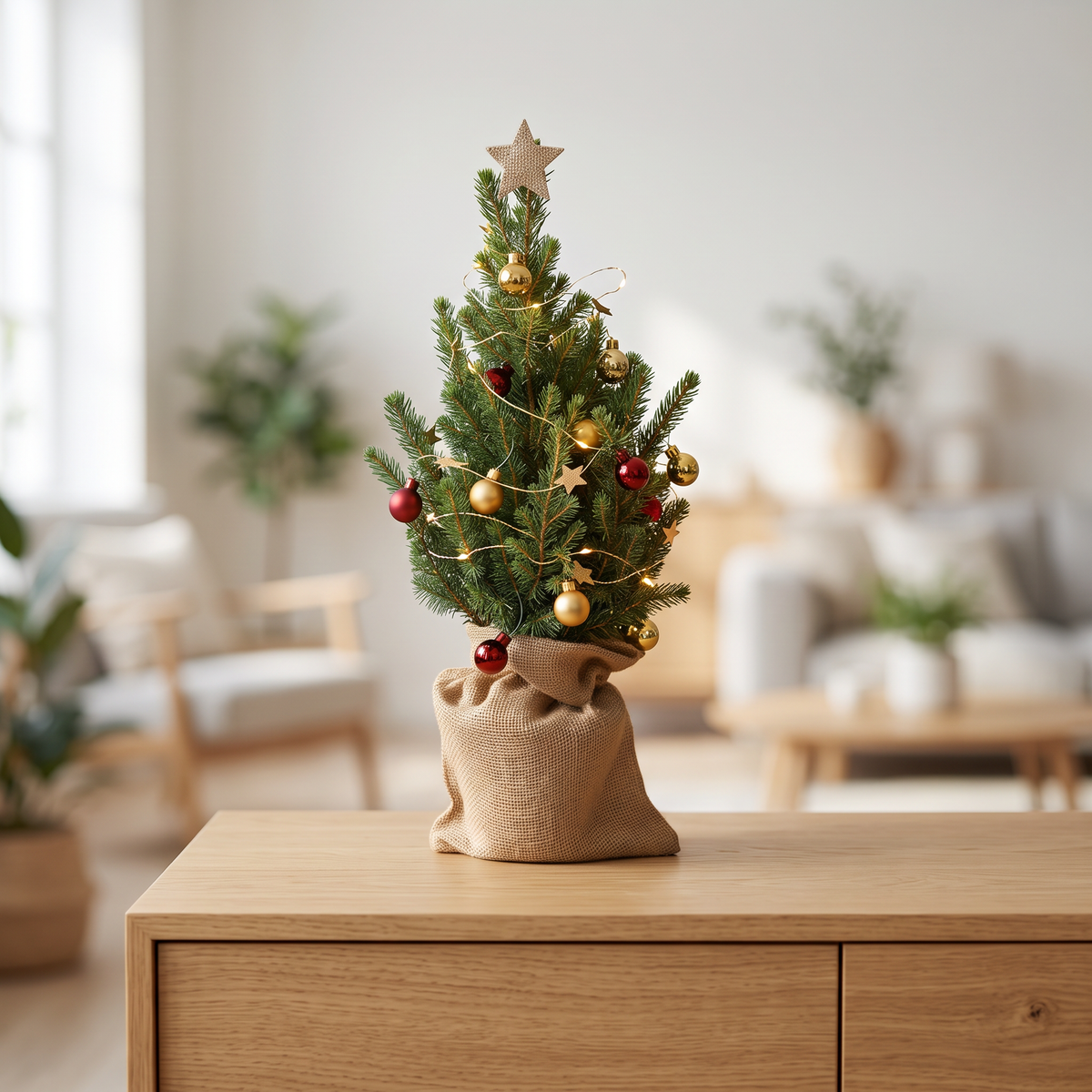 Bordsgran Picea glauca Conica 50–60 cm i jutesäck med pynt och ljusslinga