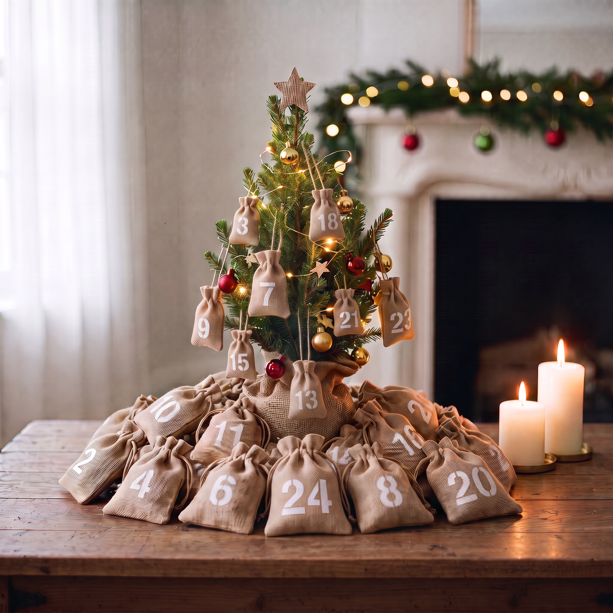 Bordsgran med julkalender – 24 numrerade jutepåsar i och under granen
