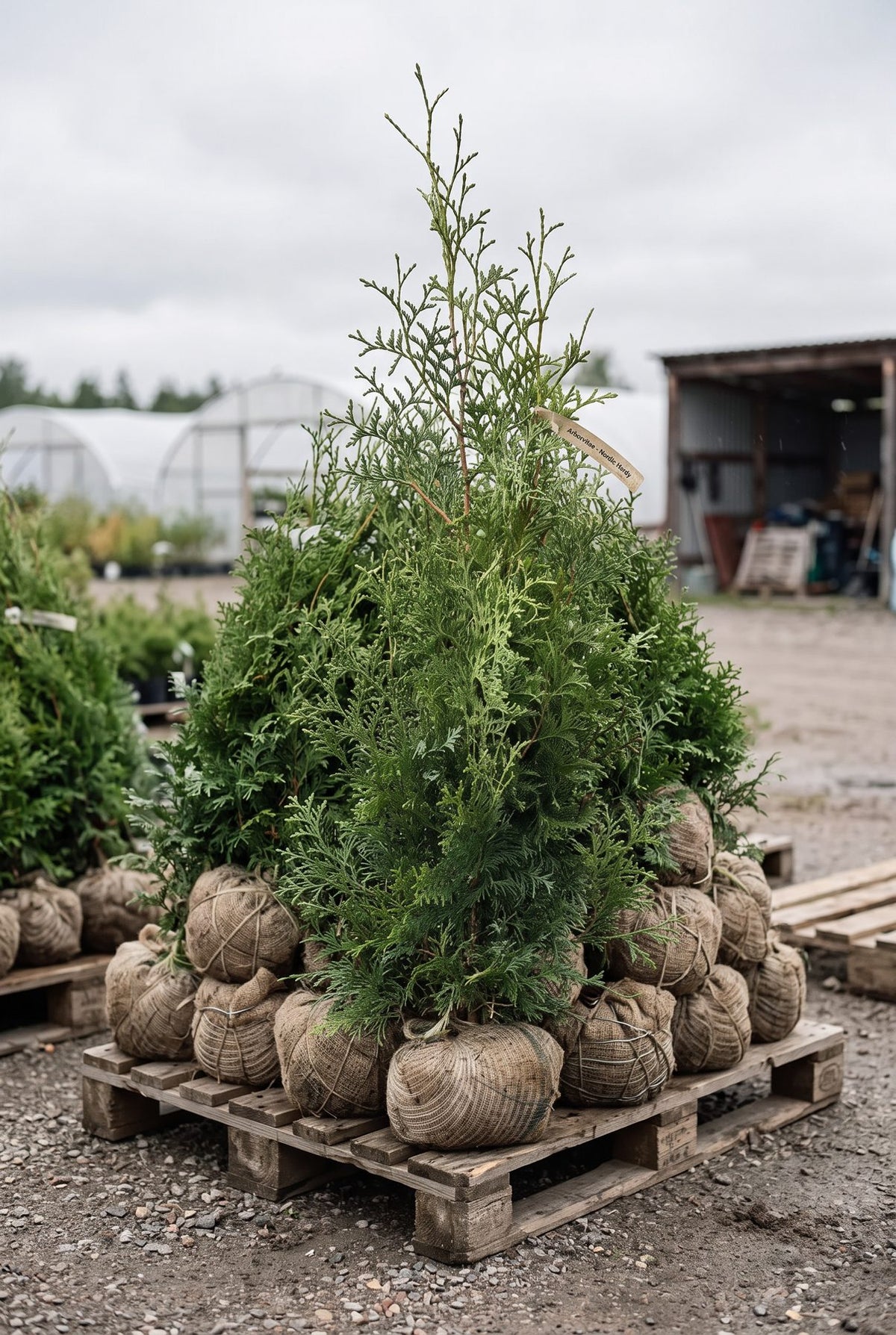 Storpack med Thuja King of Brabant rotklump på pall