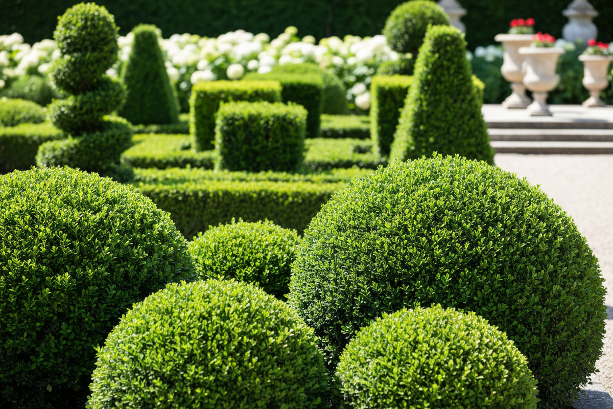 Formklippta buxbomväxter (Buxus sempervirens) i trädgård - klotformade buxbom och låga häckar som visar professionell formklippning